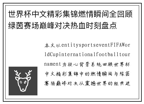 世界杯中文精彩集锦燃情瞬间全回顾绿茵赛场巅峰对决热血时刻盘点